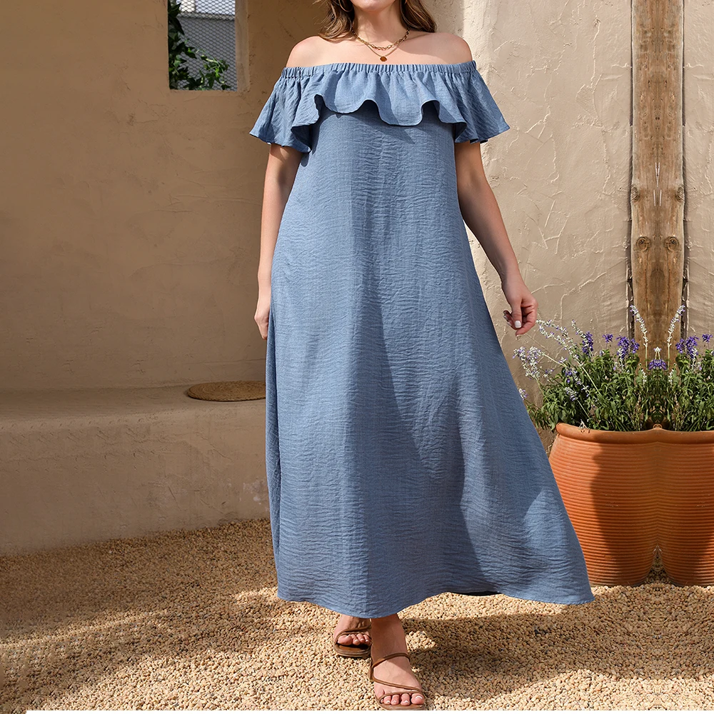 حجم كبير المرأة الصلبة كشكش مائل الرقبة الباردة الكتف كم فستان ماكسي الصيف عادية فضفاض شاطئ عطلة فستان الشمس حجم 0XL-4XL #3