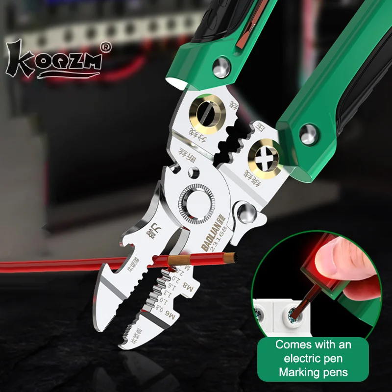 Wielofunkcyjne narzędzie do ściągania izolacji z przewodów z piórem testowym elektrycznym, obcinakiem do kabli, zaciskarką i testerem.