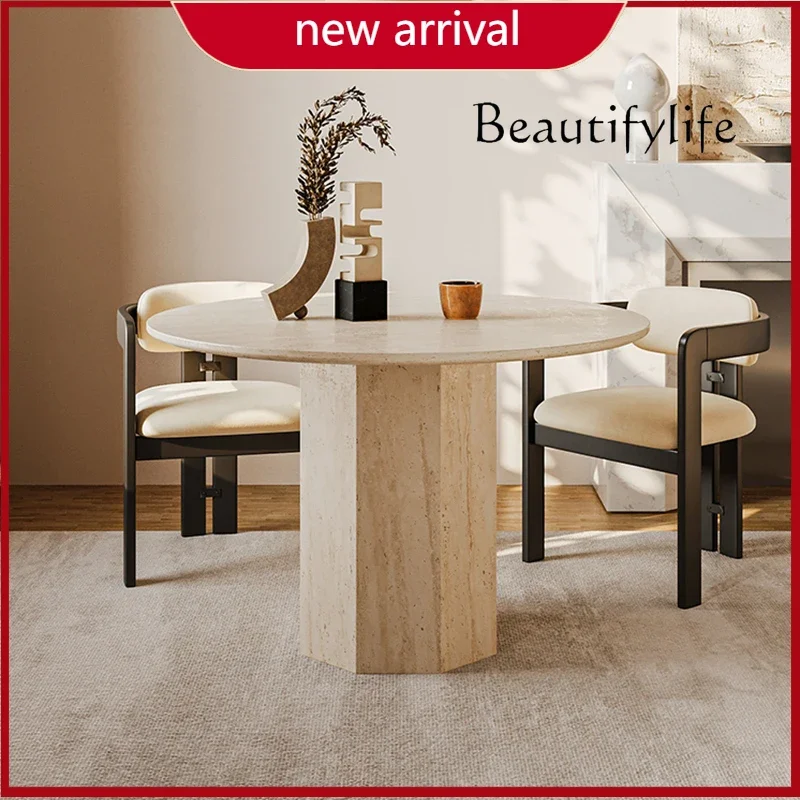 N45 Wi French natural travertine dining table designer wabi wind marble living room retro light luxury round dining table tea