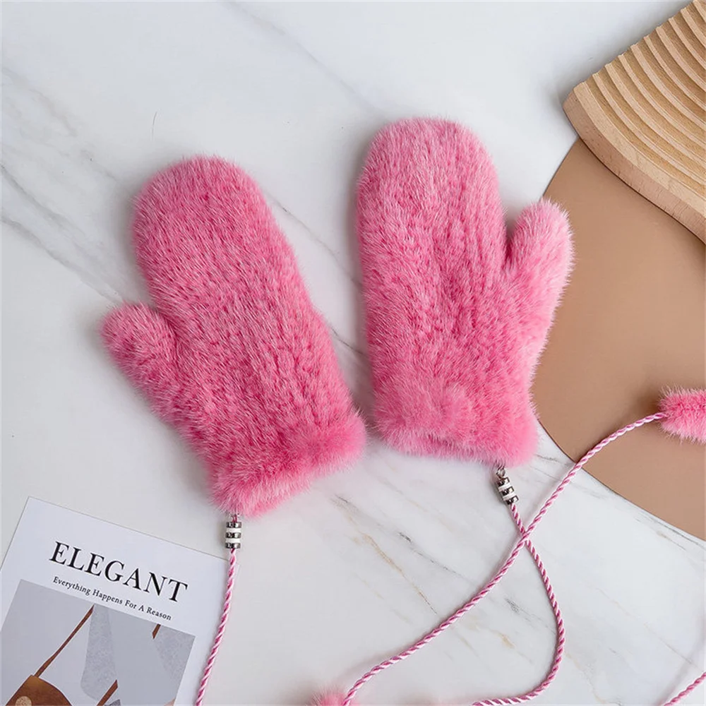 Real Mink Fur Gloves Elegant for Woman Winter Thick Thermal Mittens Soft New Knitted Mink Fur Furry Gloves Outdoor Fur Glove