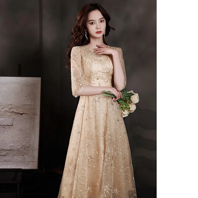 

New Women's Champagne Colored High-end Evening Dress, Fashionable Temperament, Light Luxury Socialite, High-quality Sweet Dress