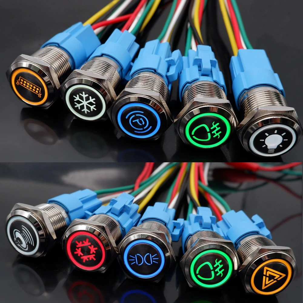 16/19/22MM Customized Metal Push Button Switch Start Stop Car Horn Fog LED Light Waterproof Black/Silver With Connector 12V 24V