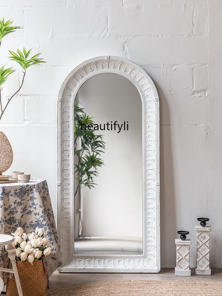 

French Retro Decorative Mirror Wall-Mounted Cream Style Hallway Arch Full-Length Mirror Floor