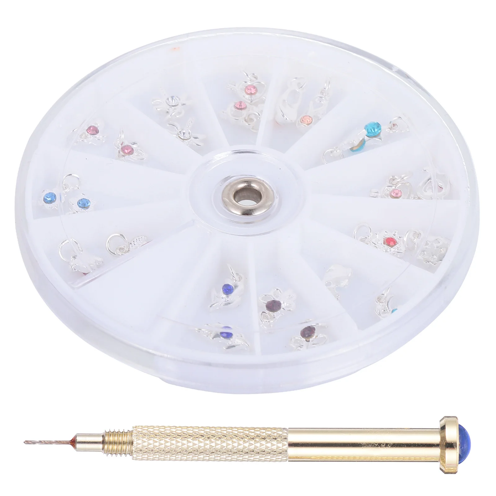 24 Uds. 1 Juego de Kit de dijes colgantes, herramienta de taladro para Piercing de uñas de aleación portátil compacta para manicuristas, dijes colgantes, decoraciones artísticas para uñas