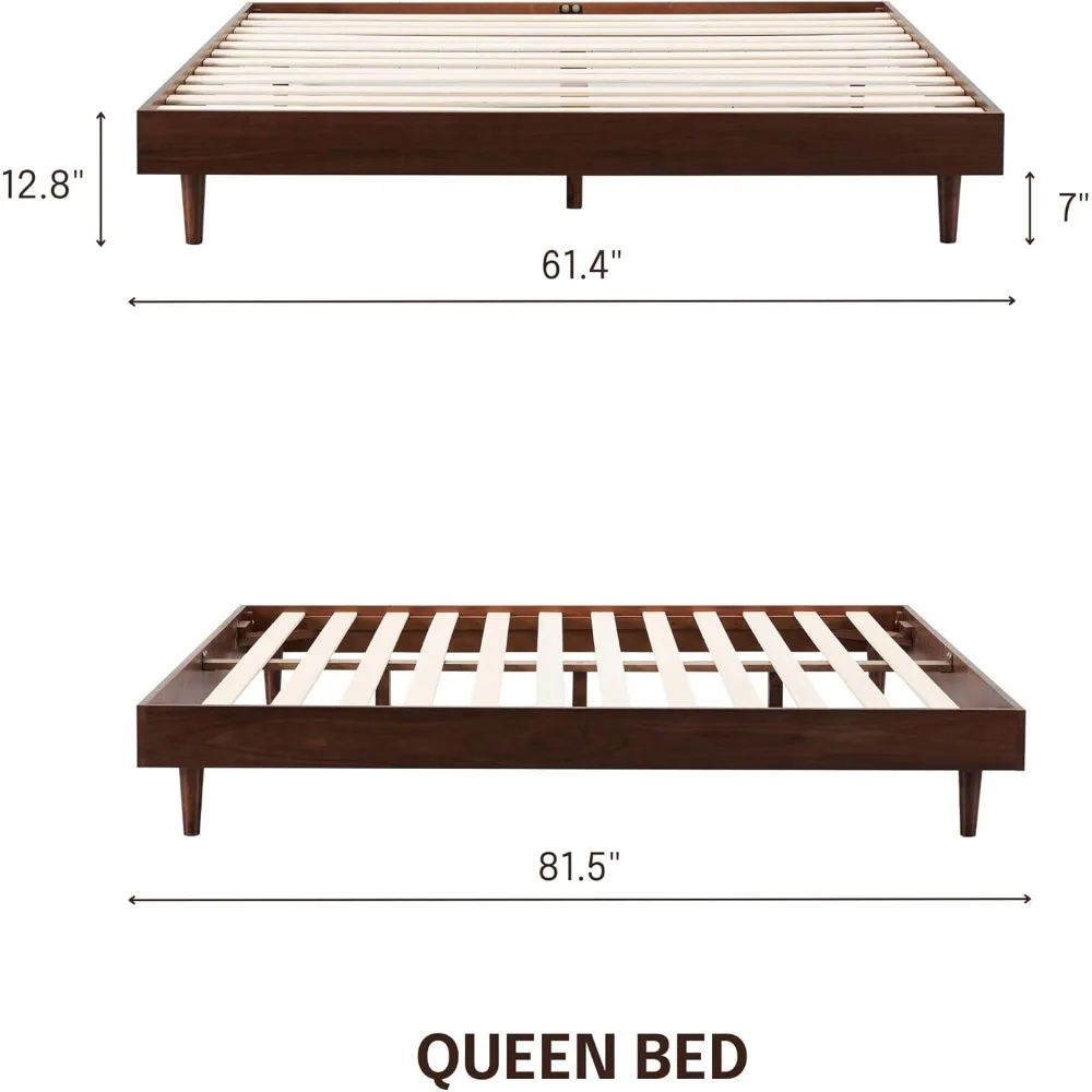 Fly Wooden Bed Frame Without Headboard, Crafted from Walnut, Rubber Wood with Silent Slats and Wood Central Supports