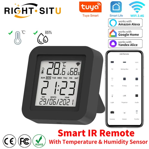 Control remoto IR Universal inteligente Tuya con Sensor de temperatura y humedad para aire acondicionado, TV, CA, funciona con Alexa, Google Home, Yandex