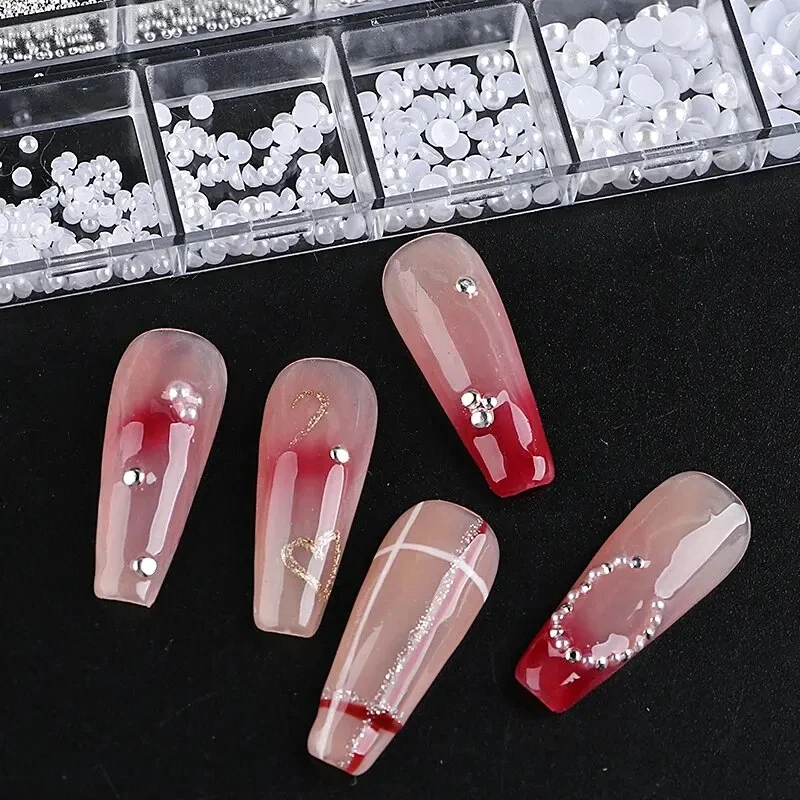 1 boîte de 12 grilles blanc demi-rond perle Nail Art décoration taille mixte argent or Mini boule en acier Rivet strass ongles 2030