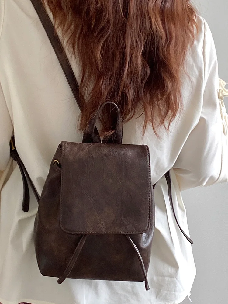 Vintage Women Leather Backpack Fashion Mini Brown Knapsack Ladies Lightweight Double Shoulder Bags Female Multi-Function Handbag