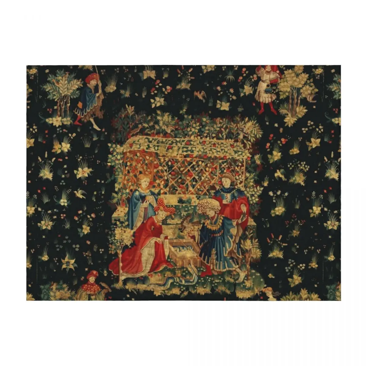 

FALCONS BATH Red Blue Antique Medieval Tapestry,Court Figures,Birds, Flowers ,Rose Trellis Throw Blanket Sleeping Bag Blankets