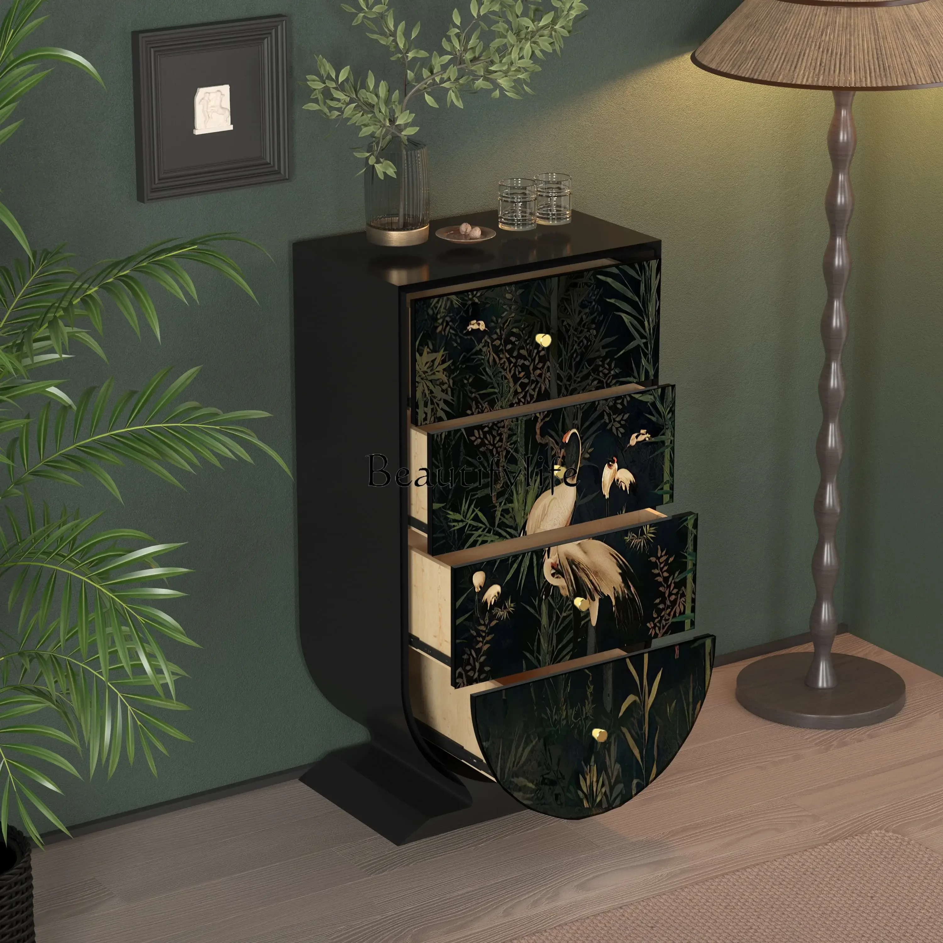 06خزانة من الخشب الصلب المطلي بأربعة صدر، وغرفة معيشة، وإقامة منزلية، وخزانة تخزين مدمجة على الحائط #5