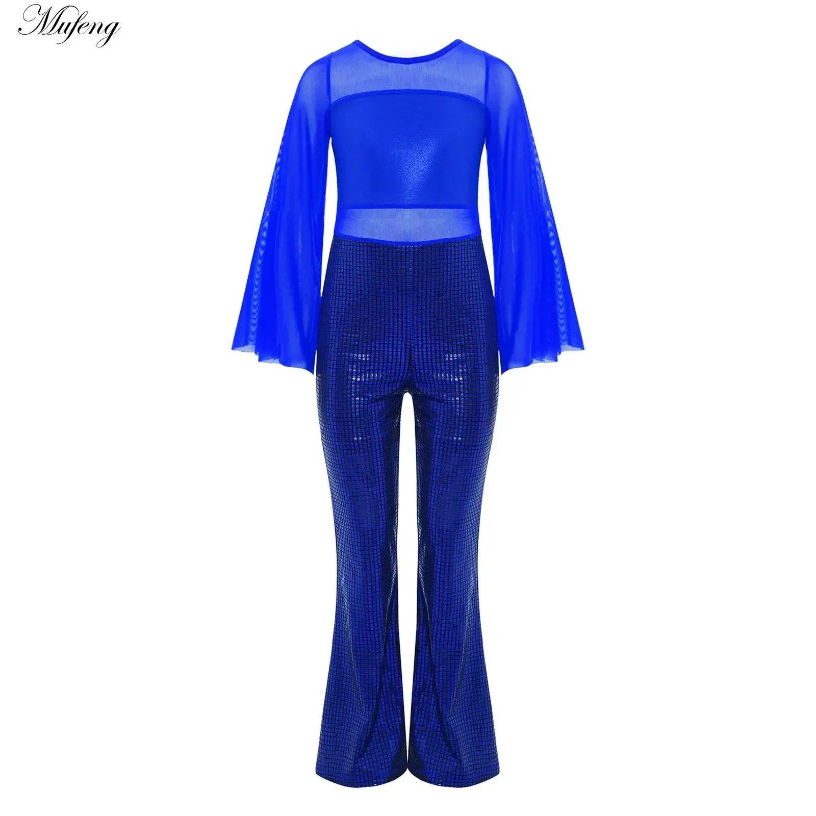 Costume da ballo latino chacha per ragazza jazz per bambini, discoteca, sala da ballo, performance sul palco, tuta per adolescenti, maniche lunghe svasate, tuta in rete trasparente