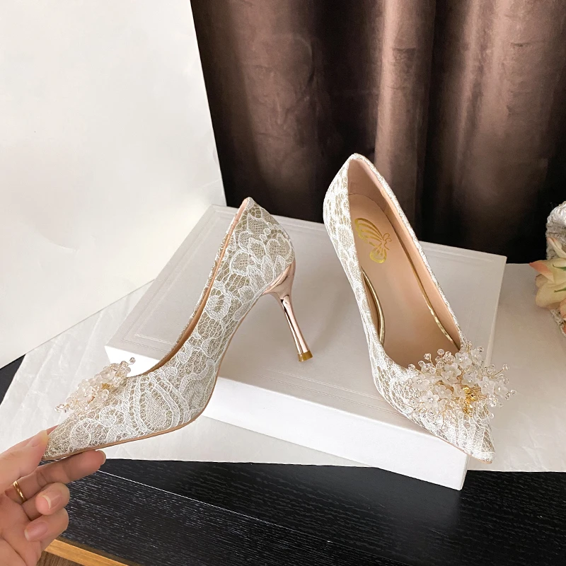 

Туфли на одинарном каблуке с кружевом, модные нескользящие износостойкие туфли без шнуровки с острым носком и неглубоким носком на высоком каблуке