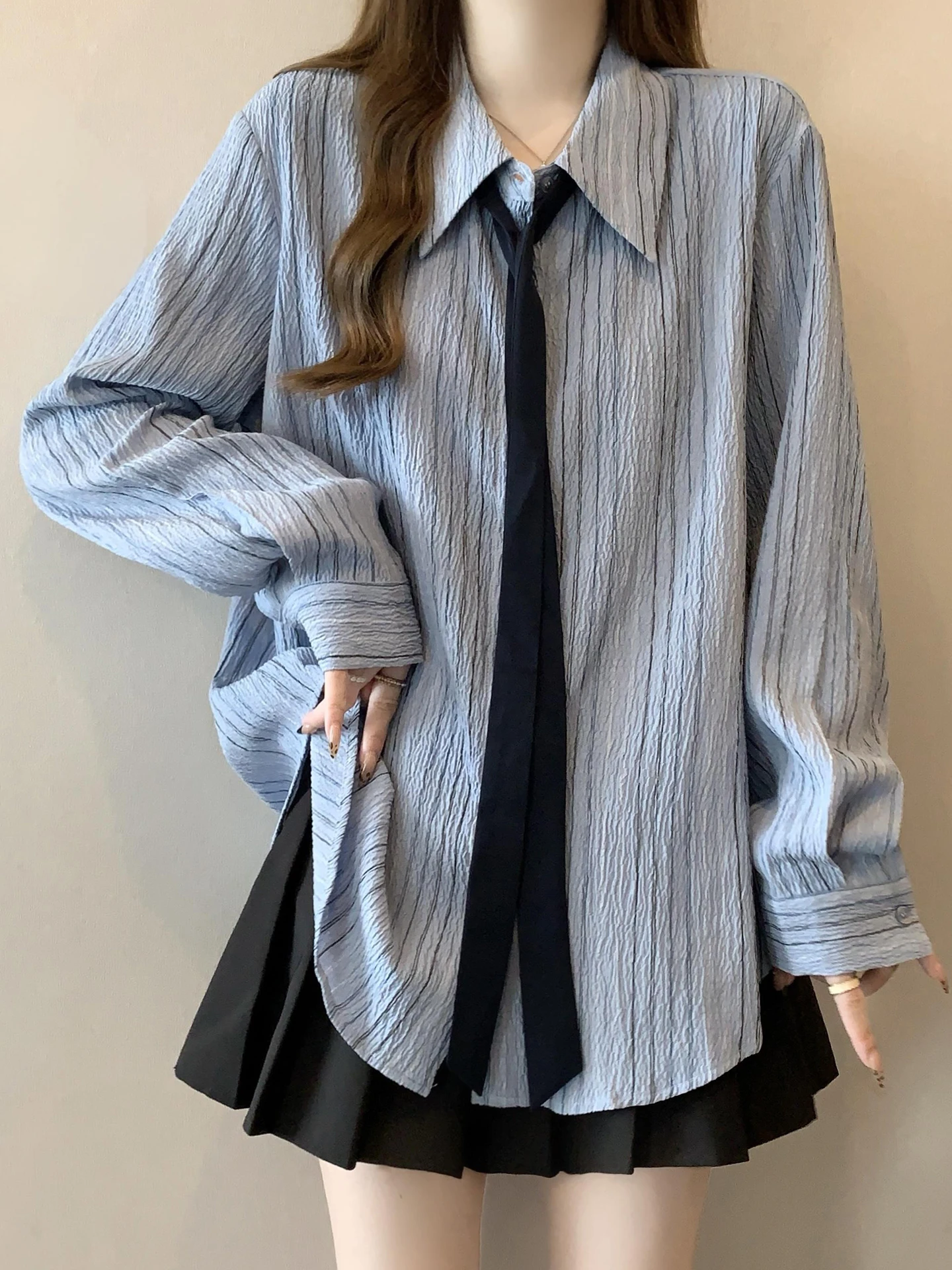 

Blue Striped Long Sve irt Women's plus Size Loose Slimming Design Spring Early Season Tie Ne Korean Sle Top