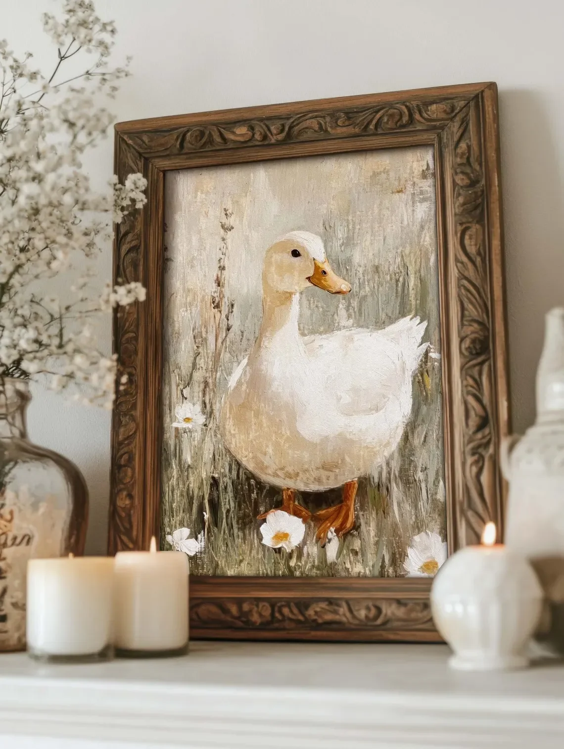 Vintage White Duck in Meadow WALL ART PRINT DECOR – Soft Impressionist Farm Animal Painting, a Charming Statement Piece for Cott