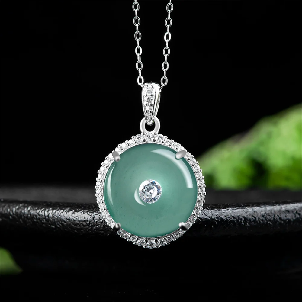 925 Silver Natural Ice Green Jadeite Round Harmony Gem Lucky Pendant Amulet Necklace Certificate Luxury Jade Vintage Jewelry