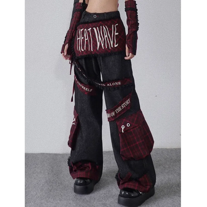 Patchwork Pocket Punk Cargo Denim Pants Letter Printed Streetwear Wide Leg Trousers High Waist Hip Hop Baggy Pants For Women