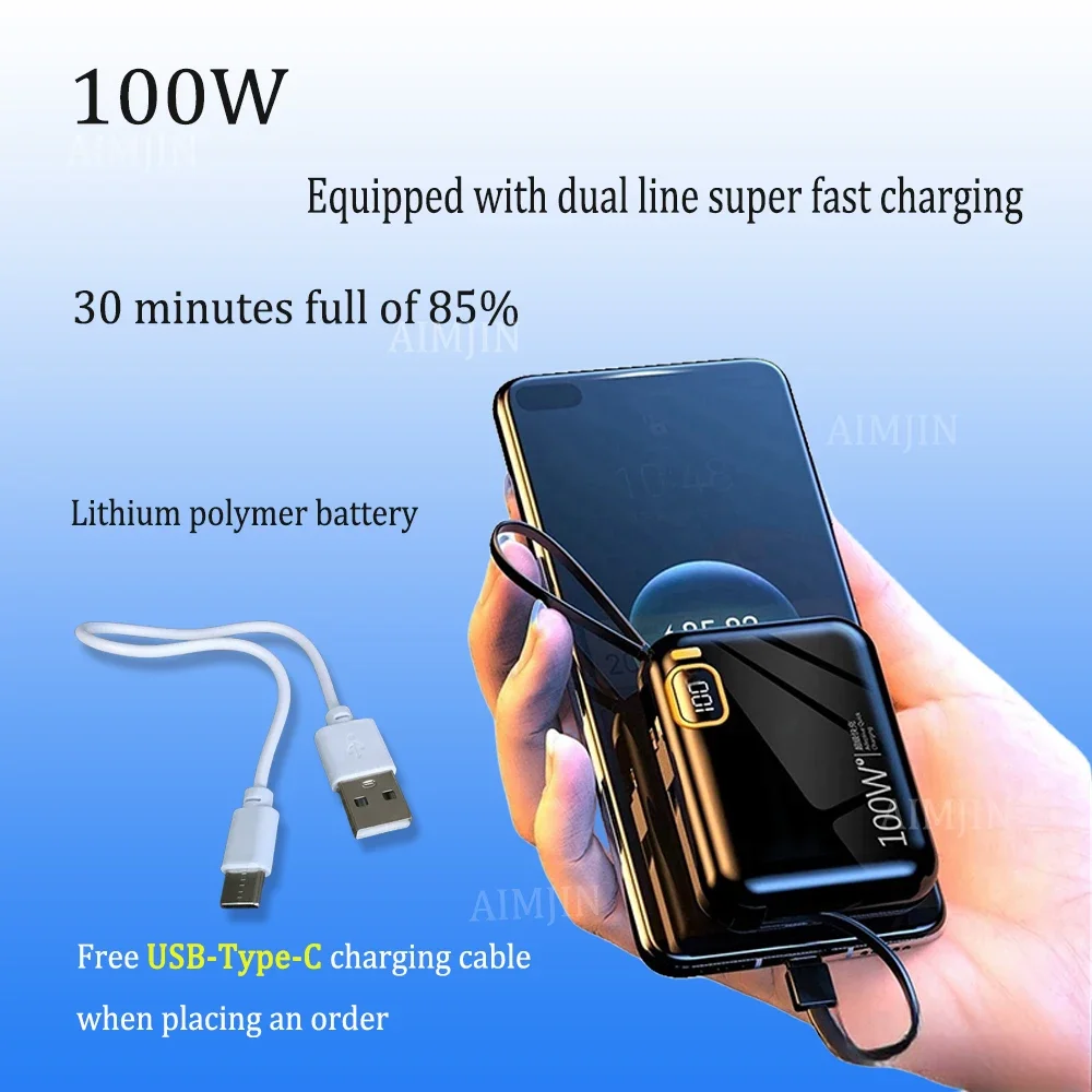 100W Built-in Fual Line Fast Charging 4-color Mini Pocket Portable Power Bank 50000mAh Mobile Power Supply