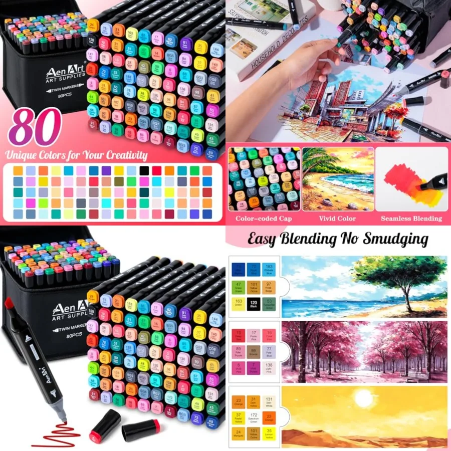 

AenArt Alcohol Markers Set 80 Color Dual Tip Art Drawing Markers for Adult Coloring Sketching and Creative Design with Organizi