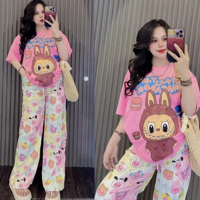 Hot Labubu Cute Fashion Set  Women 2024 Summer New Cute Cartoon Short Sleeved Hanging Wide Leg Pants Set Pajamas Girls Xmas Gift