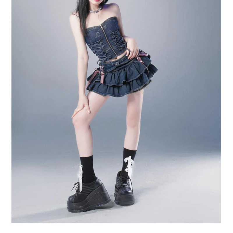 Deeptown-minifalda vaquera coreana para mujer, falda Coqueta con lazo Kawaii y volantes, faldas cortas acampanadas negras Vintage de verano