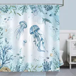 Nautical Coastal Jellyfish Shower Curtain Teal Ocean Underwater Sealife Coral Seahorse Sea Turtle Polyester Fabric Bath Curtains