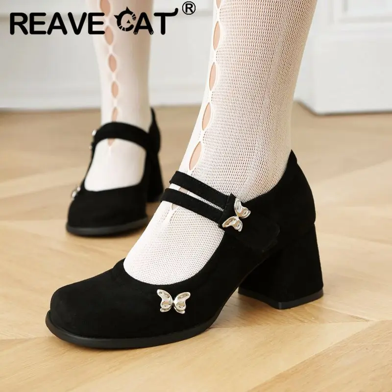 

REAVE CAT Office Ladies Pumps Toe Chunky Heels 6cm Flock Suede Hook&Loop Bowknot Size 42 43 Sweet Girls Daily Shoes