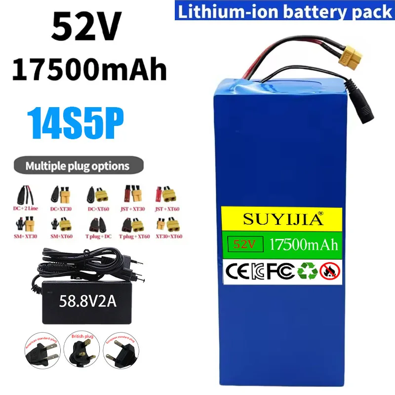 Batterie au lithium 14S5P 18650 52V 17500mAh avec BMS haute puissance pour scooters électriques, vélos de montagne