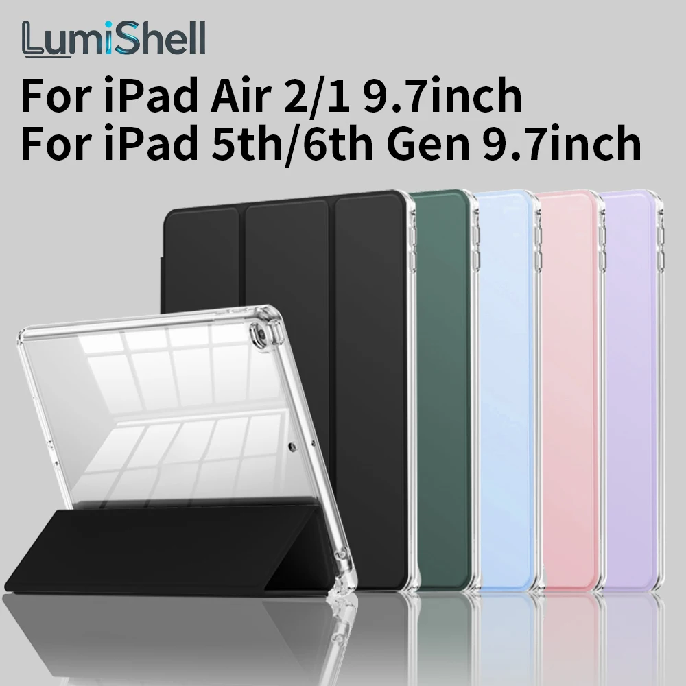 Clear Case For iPad 9.7 6th/5th Generation (2018 2017), iPad Air 1/2 9.7 Cover With Pencil Holder, Tri-Folding PU Leather Cover