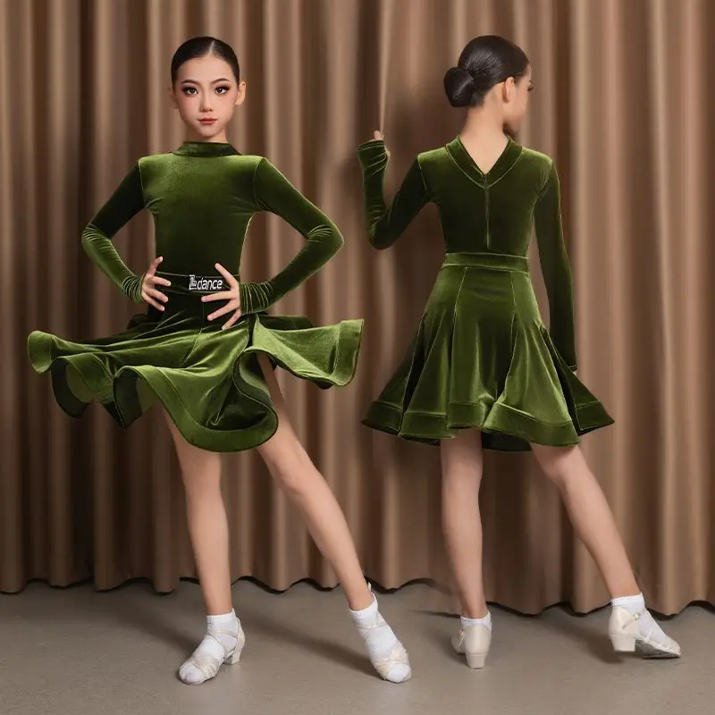 女の子のラテンダンストレーニング服 秋と冬 長袖ラテンダンススカート ステージパフォーマンス競技服