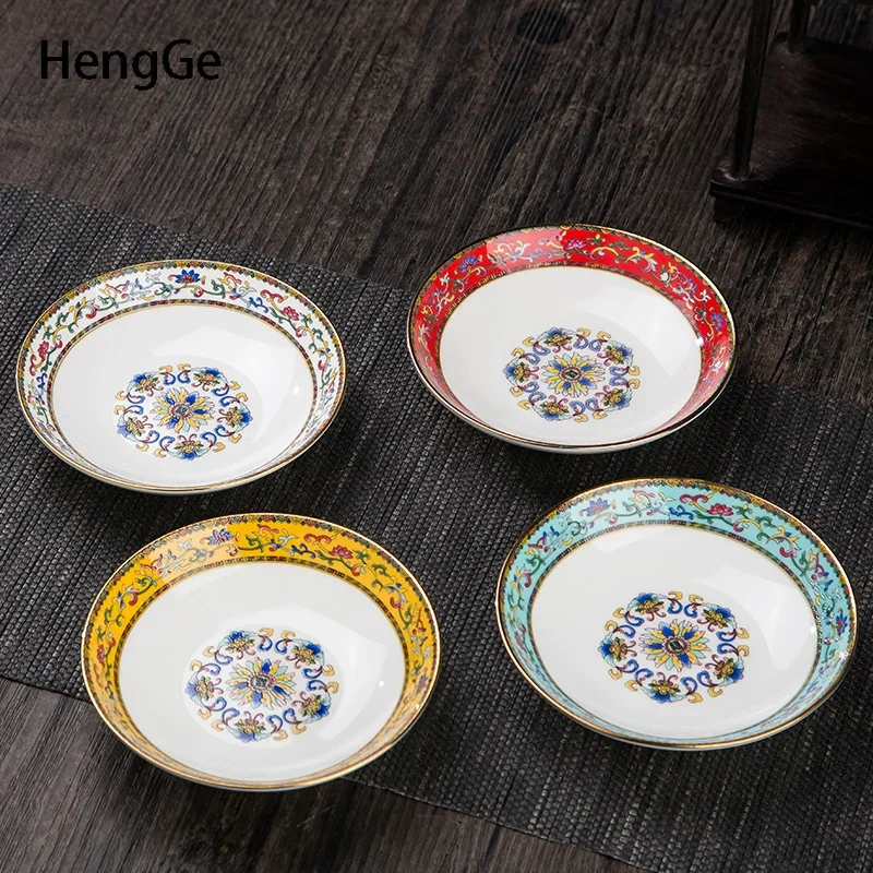 Chinese Style  Palace Relief Ceramic Plate Golden Side Enamel Dessert Dinner Plates Seasoning Dishes Table Decor Sushi Plate