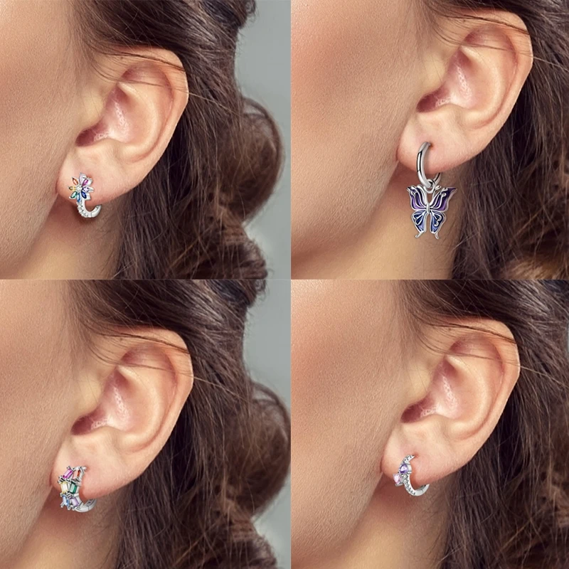 925 Sterling Silber Creolen Schmetterling Regenbogen Blume Tulpe Iris Lila Hängeohrringe Schmuck Geschenk für Frauen Mädchen – Detail 9