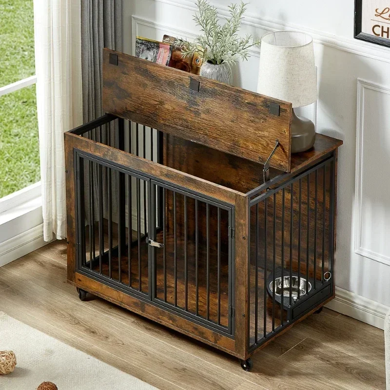 Style Dog Crate Side Table With Rotatable Feeding Bowl Wheels Flip-Up Top Opening Indoor Rustic Brown 38.58