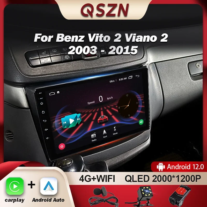 QSZN-Leitor de Vídeo Multimídia Car Radio, GPS Carplay, Android 12 Autoradio Head Unit, 2K QLED, Benz Vito 2 W639 Viano 2003-2015