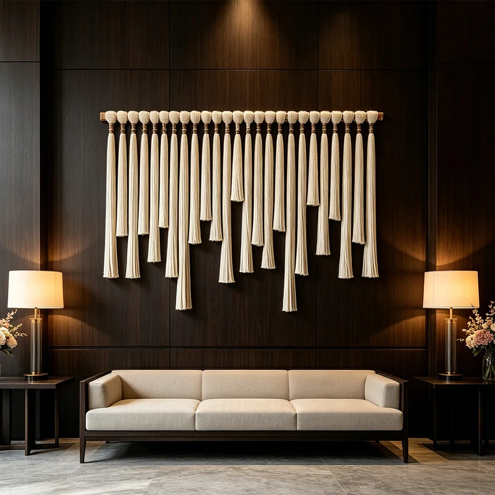 pp#Modern Wabi Sabi Luxury Bespoke Handwoven Asymmetrical Tassel Macrame Wall Hanging for Living Room%