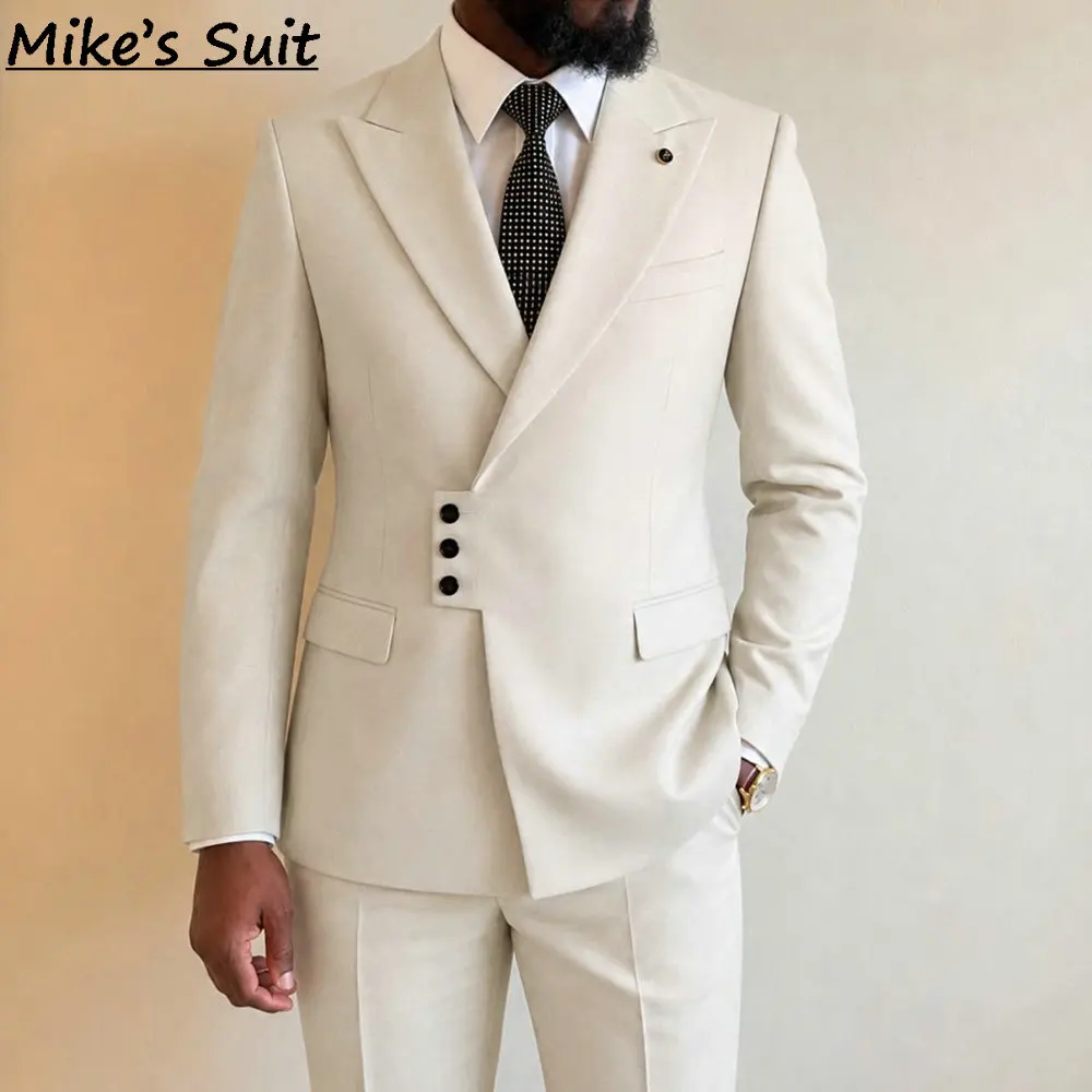 Men 2‑Pieces Fashion Peak Lapel Asymmetric Multi‑Button Suit Blazer Pants Set Business Formal Suit For Wedding Groom Office Prom