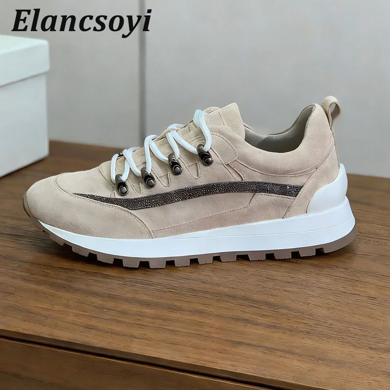 Sneakers Women Suede Round Toe Lace Up String Bead Flat Shoes Comfort Casual Shoes Spring Autumn Thick Bottom Daddy Shoes