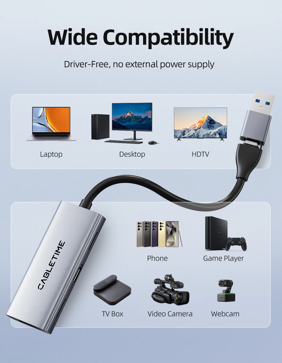 CABLETIME USB 3.0 Videoaufnahmekarte PD 100 W HDMI Capture 5 Gbit/s 4K 1080p Full HD für PS5 Srteaming Switch Videorecorder – Detail 13