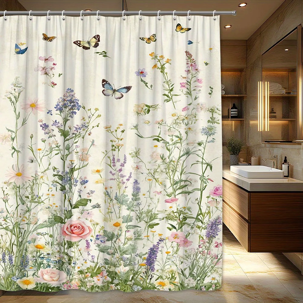 

1 шт. Причудливая занавеска для душа с цветочным садом, красочные бабочки и цветы розового, фиолетового и синего цвета, дизайн акварельного сада,