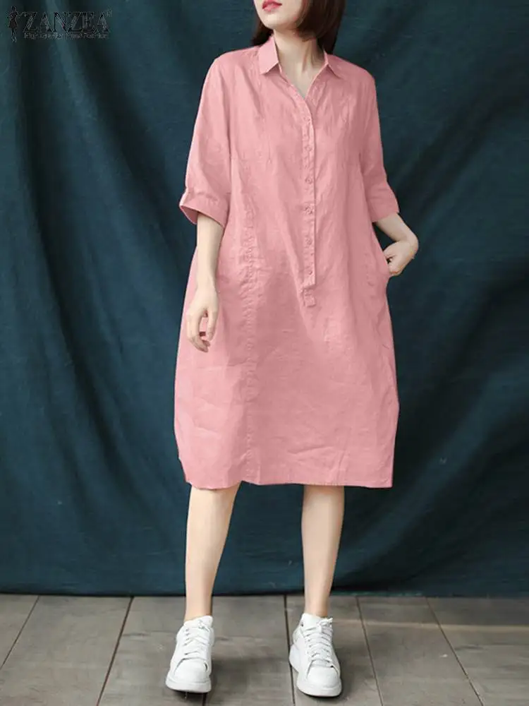 

ZANZEA Summer Fashion Shirt Dress Lapel Neck 3/4 Sleeve Vestido Robe Women Elegant Solid OL Work Sundress Holiday Midi Dresses