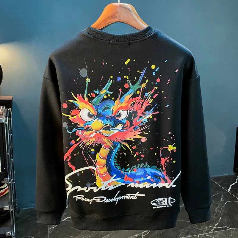 Fashion Sweater Male 2024 Autumn New Painted Printed Street Trend round Neck Long-Sleeved T-Shirt Stretch High-End Clothes