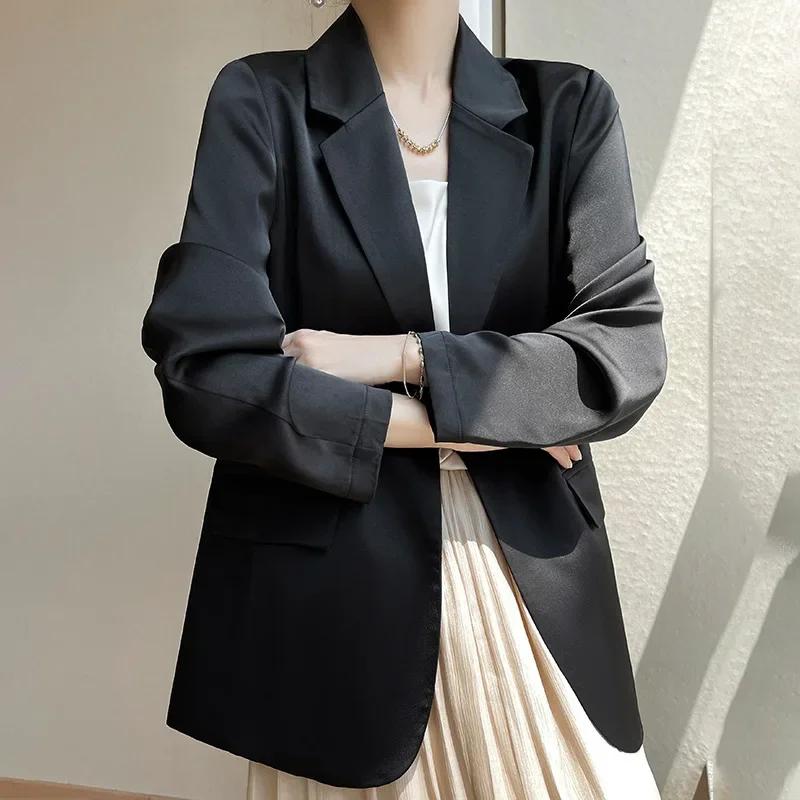 Spring Blazers for Women Suits Sun Protection Jacket Ladies Satin Drape Silky Soft Long Sleeve Suit Clothing Lapel Autumn Coats