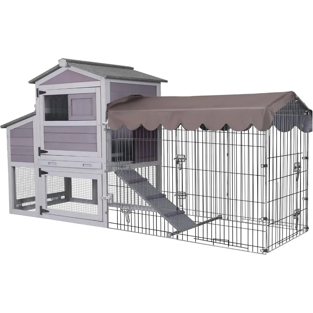 

Chicken Coop Mobile Hen House, with Metal Run Outdoor Rabbit Hutch Wooden Chicken Tractor, with Wheels 82"