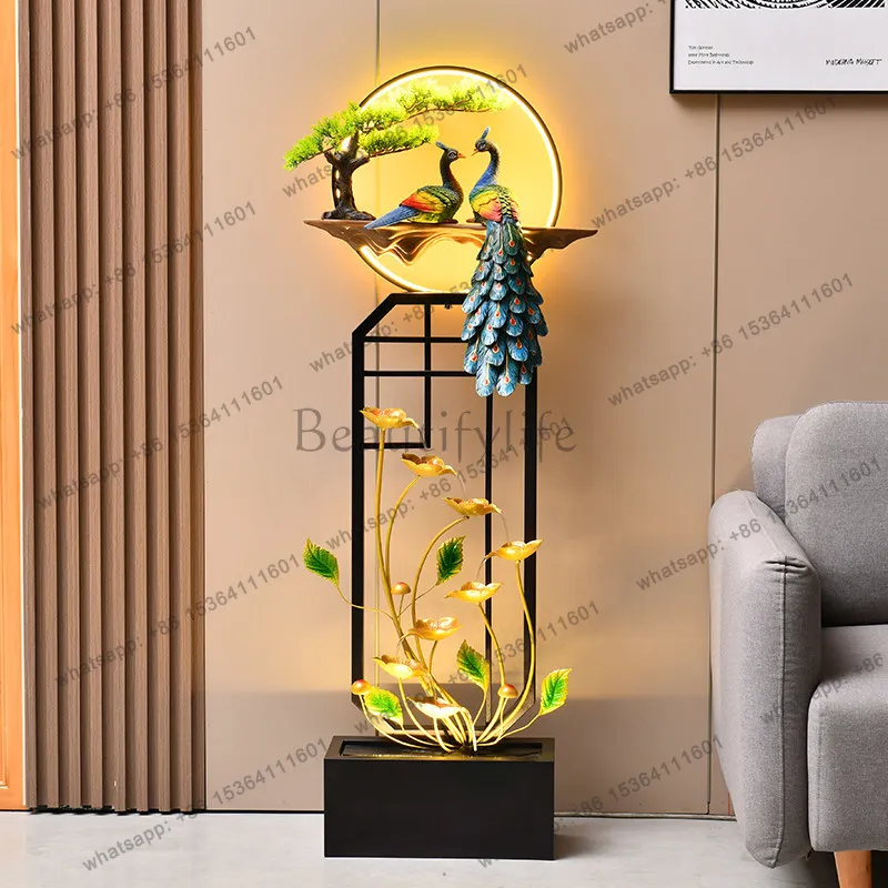 Peacock circulating water curtain wall floor to attract wealth and flowing water large ornament housewarming opened