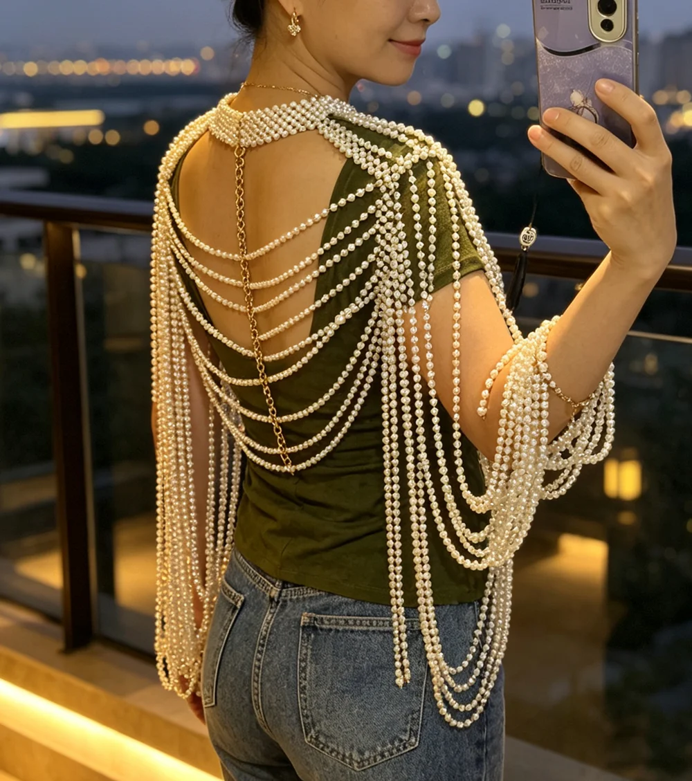 Handmade Pearl Beaded Top for Women Fashionable Design Elegant Party Blouse Wedding Shoulder Chain Pearl Strung Vest
