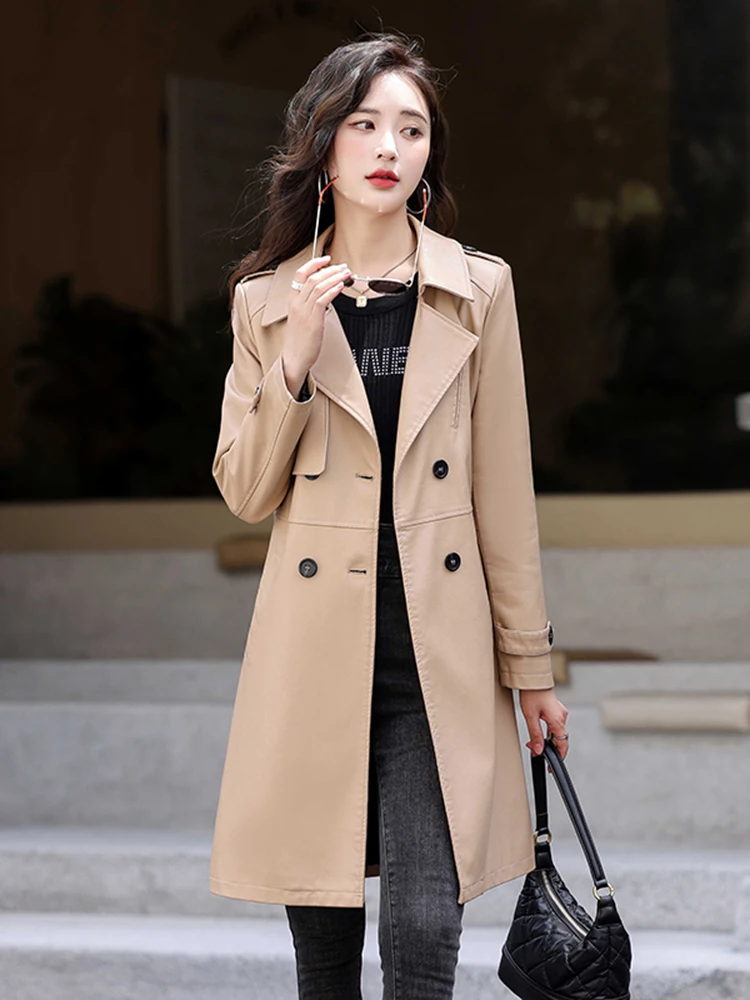 하이닝 천연 가죽 코트 여성용 중간 길이 2025년 신상 봄 가을 슬림핏 엘레피스킨 윈드브레이커 자켓