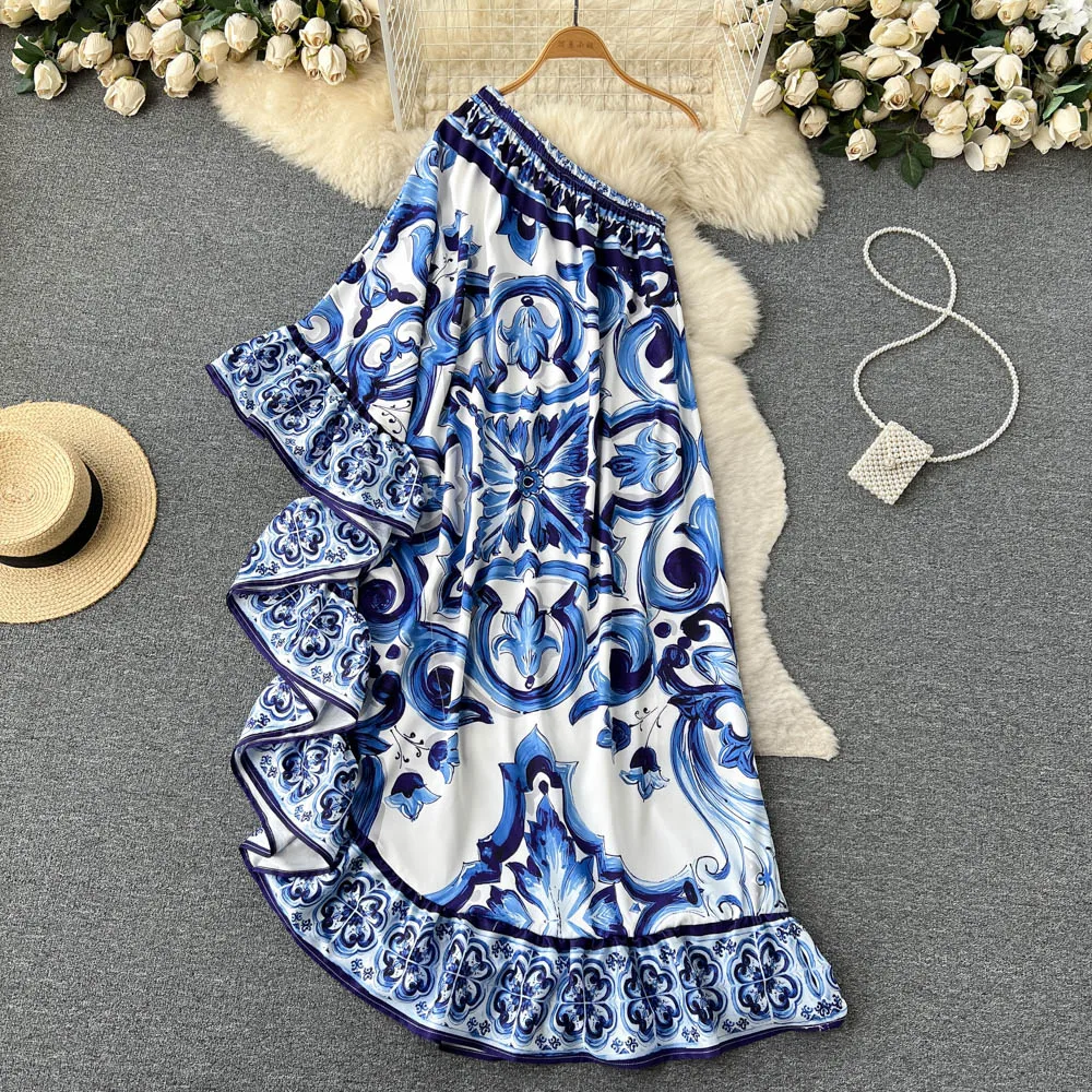 

2023 New Summer Designer Bohemian Asymmetry Long Dress Women's Off Cool Shoulder Blue And White Porcelain Ruffled Hem Loose Robe