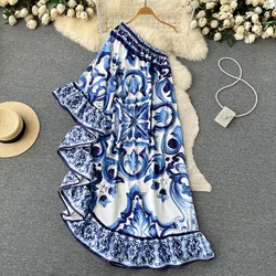 2023 New Summer Designer Bohemian Asymmetry Long Dress Women's Off Cool Shoulder Blue And White Porcelain Ruffled Hem Loose Robe