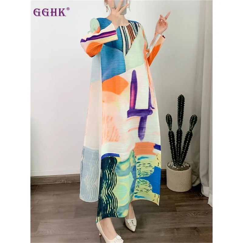 

Женское плиссированное платье GGHK Miyake, модное свободное платье большого размера с цветным принтом, весна-осень