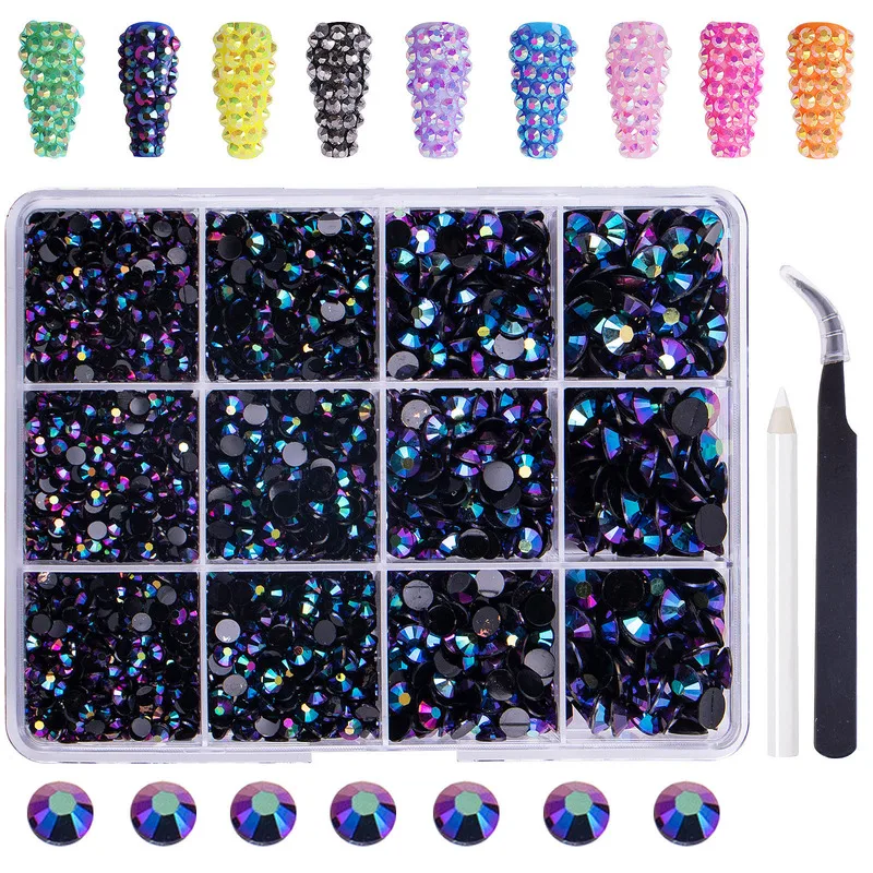 12 Girds Resin Flatback Rhinestones Multicolored 3/4/5/6mm Non Hotfix Gems with Pick Pen & Tweezers, Bedazzling Kit for Nail Art - view 5