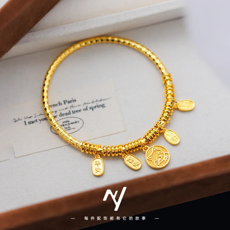 Women's 24K Gold (AU999) Luxury Hammered Jiyan Bracelet | Tapered Hammered Body, Filigree Inscriptions with Magnetic Ruyi Clasp